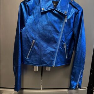 7 For All Mankind Shiny Blue Leather Jacket